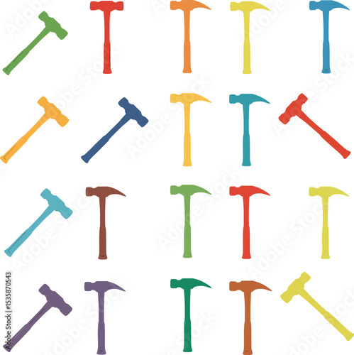 Vector illustration featuring a diverse collection of hammer and sledgehammer silhouettes, ideal for construction, carpentry, repair, and general toolkit designs, isolated on white.