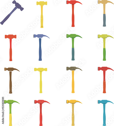 Vector illustration featuring a diverse collection of hammer and sledgehammer silhouettes, ideal for construction, carpentry, repair, and general toolkit designs, isolated on white.