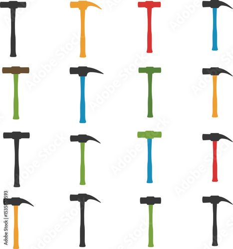 Vector illustration featuring a diverse collection of hammer and sledgehammer silhouettes, ideal for construction, carpentry, repair, and general toolkit designs, isolated on white.