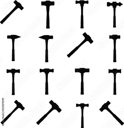 Vector illustration featuring a diverse collection of hammer and sledgehammer silhouettes, ideal for construction, carpentry, repair, and general toolkit designs, isolated on white.