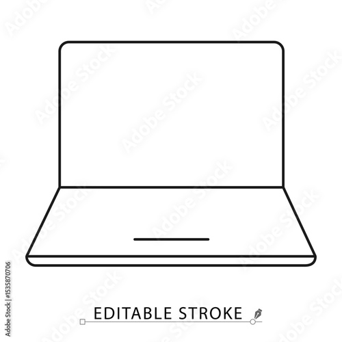 Laptop icon in minimal line style with editable stroke. Notebook computer, portable device, digital workspace, tech interface, laptop symbol for work, study, media, communication and smart technology