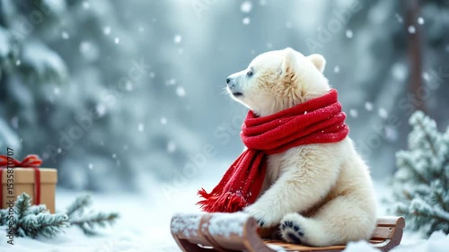 Polar bear cub wearing red scarf looking at the camera while sitting on sleigh in snowy landscape. Christmas and New Year winter celebration concept. wildlife decor, greeting card, holiday brand 