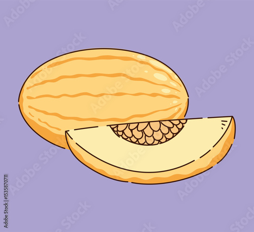 A fresh melon and a slice displayed on a vibrant purple background that stands out