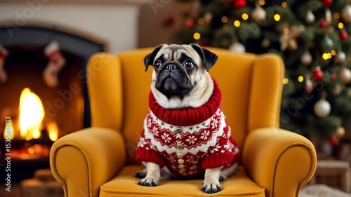 Small pug in red holiday sweater looking at the camera while sitting in cozy armchair beside Christmas tree. Christmas and New Year indoor celebration concept. pet outfit, card design, holiday home co