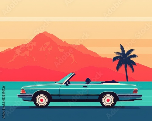 A retro turquoise convertible car parked by the seaside with a palm tree and red mountains under a warm, gradient sky.