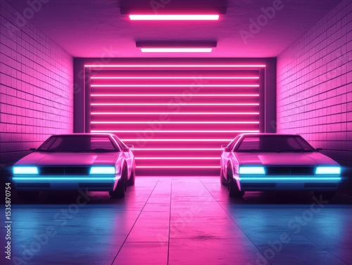 Two retro cars in neon-lit garage with vibrant pink and blue futuristic lighting

