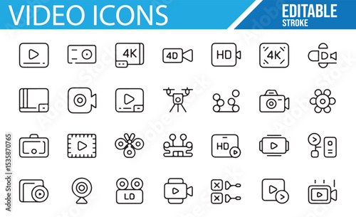 Set of Simple Video Icons for Media Content Creation