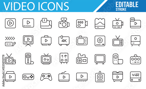 Set of Editable Stroke Video Icons, including Play, HD, 4K, Camera, and Video Effects Icons, Perfect for Media Design