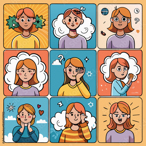 Nine Colorful Cartoon Portraits Orange Haired Woman Diverse Emotions Expressions illustration girl