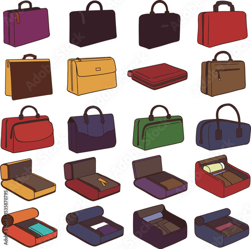 Vector illustration of diverse travel bags, luggage, and duffels in various colors and styles, including elements of a travel organizer, perfect for vacation, business, and journey concepts.