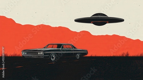 A vintage car parked on a dark road under a red sky, with a UFO hovering above against a minimalist desert landscape.