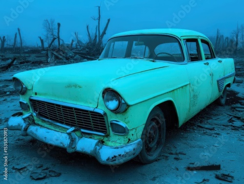A vintage turquoise car with rust and wear sits abandoned in a desolate, barren landscape with dead trees and debris.