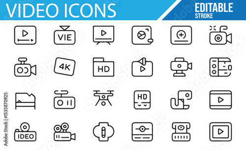 Editable Stroke Set of Video Icons for Media and Film Design