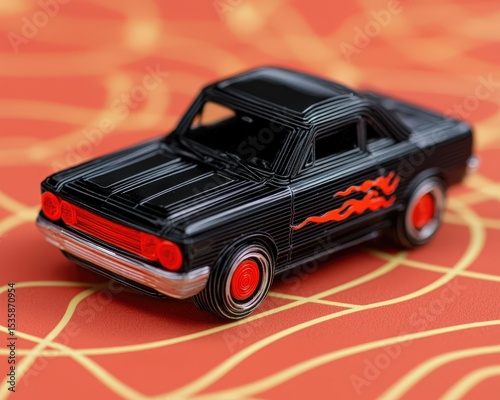 A black toy car with red flame decals and red wheels sits on a wavy orange surface with yellow lines.