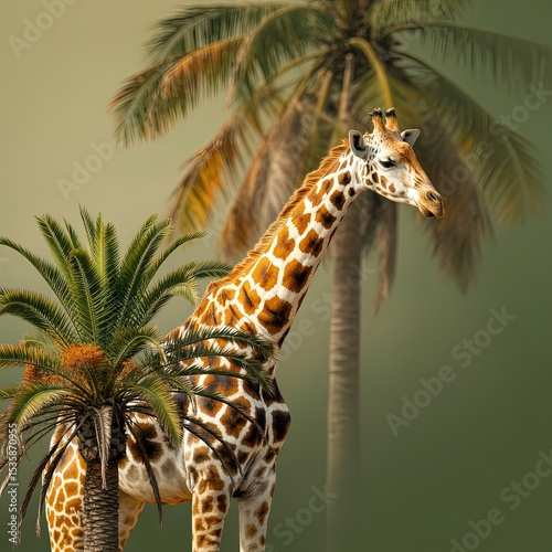 Majestic Giraffe Standing Amid Tropical Palm Trees in Serene Green Nature Scene, Wildlife Concept