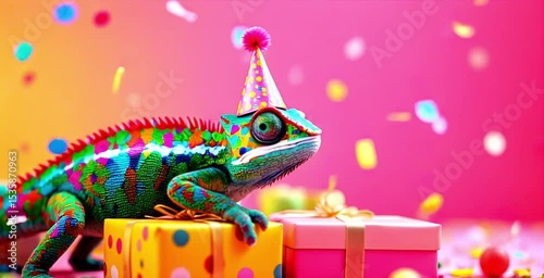Colorful chameleon in party hat looking at the camera among confetti and gifts on bright pink background. Birthday or kids’ party concept. exotic pet shop, kids decor, card design concept
