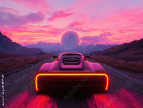 A futuristic car with glowing red taillights drives on a rugged road toward a glowing orb under a vibrant pink and purple sunset sky.