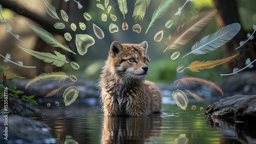 Majestic Fox Sitting in Tranquil Forest Stream with Artistic Nature and Wildlife Symbols Illustration