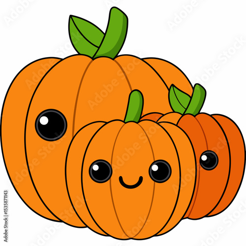 Three Cute Orange Pumpkins Cartoon Illustration Happy Fall