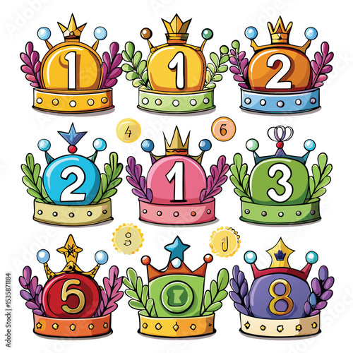 Ten Cartoon Crowns Numbered One to Ten Colorful Gold Purple Green Blue Red Pink Yellow Orange Award Badges
