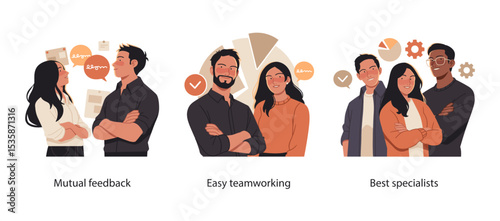 Illustration set showing mutual feedback, effective teamwork, and a group of top professionals collaborating in a business environment.