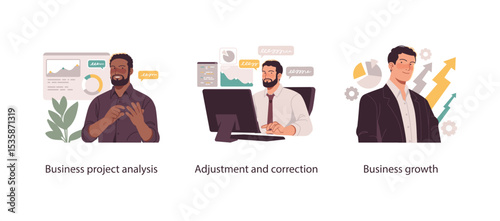 Illustration set showing project analysis, data-driven adjustments, and successful growth in a professional business environment.