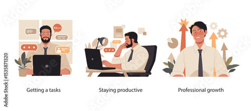 Illustration set depicting task delegation, maintaining productivity at work, and achieving professional career development in an office.