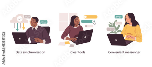 Illustration showing cloud data sync, user-friendly tools, and messaging for streamlined digital business operations and communication.