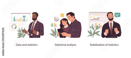 Illustration showing professionals using data, charts, and statistical tools to analyze metrics and stabilize business performance.