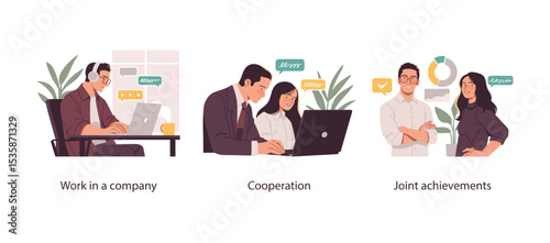 Illustration showcasing modern office work, team cooperation on laptops, and business colleagues celebrating shared professional achievements.