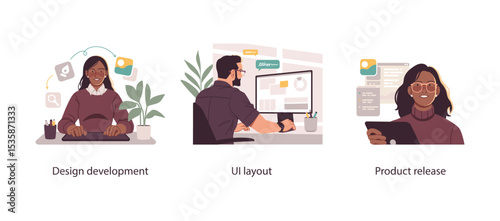 Vector illustration showing user interface design, digital product development, and final release phase in a tech or creative workflow.