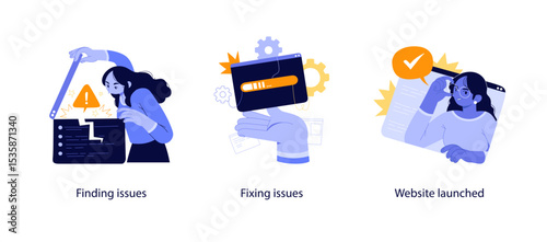 Flat illustrations showing the process of identifying coding errors, fixing software bugs, and launching a completed website project.
