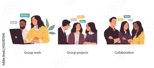 Illustration of diverse professionals working together on group projects, symbolizing effective collaboration, communication, and teamwork in business.