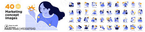 Colorful flat illustrations covering digital marketing themes like product launch, customer support, growth strategy, teamwork, and UX design.