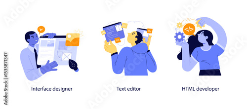 Flat vector illustrations depicting an interface designer, a text editor in use, and an HTML developer with gears and code icons.