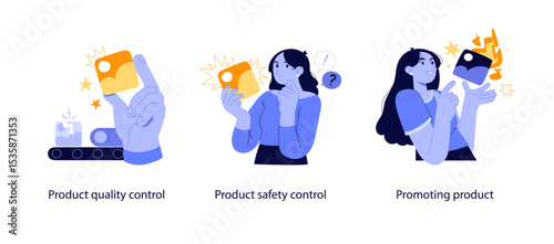 Flat illustrations showing product quality assurance, safety evaluation, and promotional efforts in modern business and branding workflows.