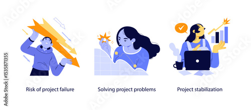 Three flat illustrations showing project failure risks, troubleshooting challenges, and stabilizing growth in business or development environments.