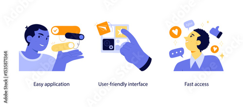 Vector illustrations showing simple app usability, intuitive interface controls, and quick user access for enhanced digital experience.