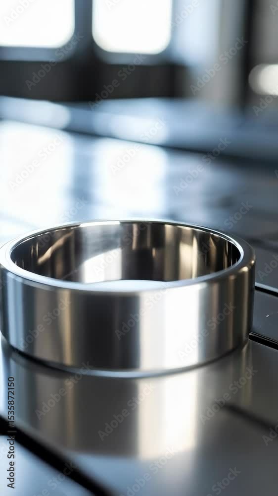 Close-up of a shiny metallic ring, centered, placed on a reflective surface with a blurred light-filled background, modern metallic design Close-up of a shiny metallic ring, centered, placed on a reflective surface with a blurred light-filled background, modern metallic design