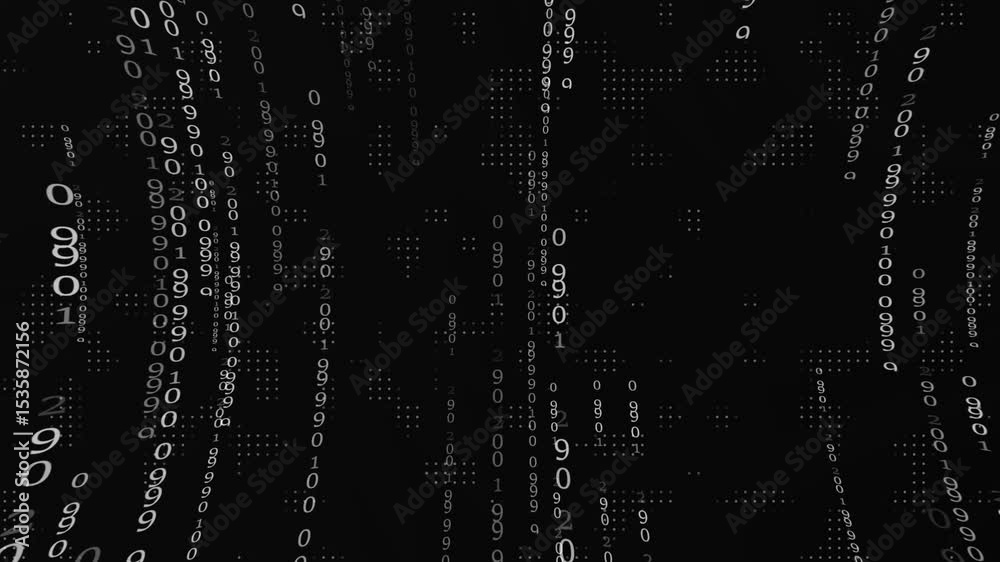 Binary code on a dark background. Hacker attacks and cyber security concept. Abstract animated background from particles of a computer program.