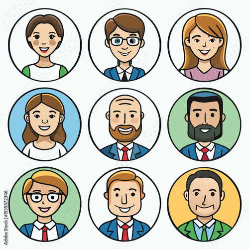 Eight Diverse Cartoon Profile Icons Men Women Avatar Set Blue Green Red Yellow Suits avatars