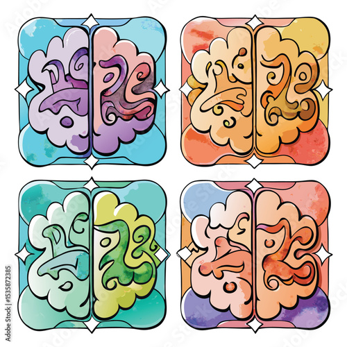 Four Abstract Pastel Watercolor Brain Designs Square Tiles Teal Purple Orange Green Yellow Pink vector