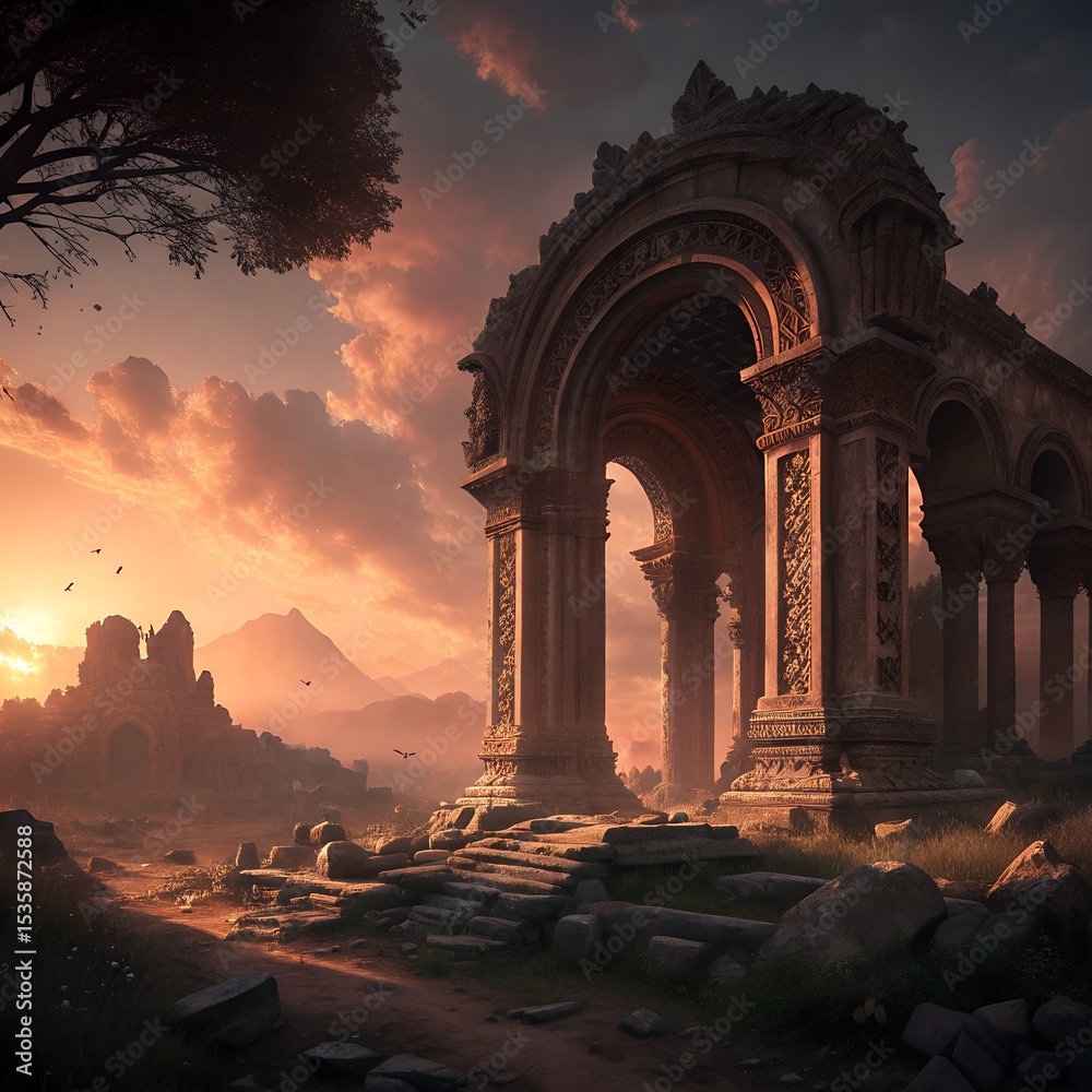 Fototapeta premium Ancient Roman Ruins at Sunset – Majestic Archway and Timeless Architecture