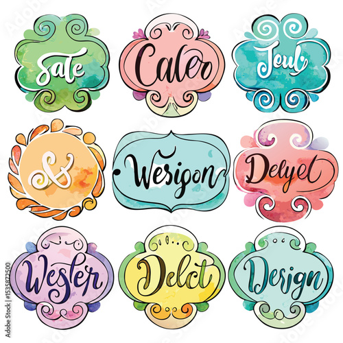 Nine Pastel Watercolor Shapes Featuring Handwritten Words Sale Cater July Wesigon Deiyet Wester Delect Design Ampersand