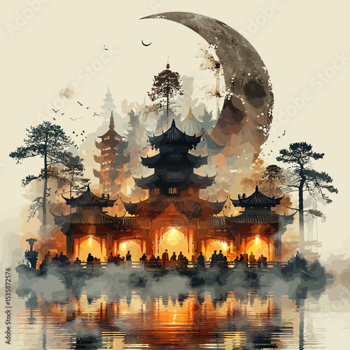 double exposure hari raya greeting card style muslims gathering