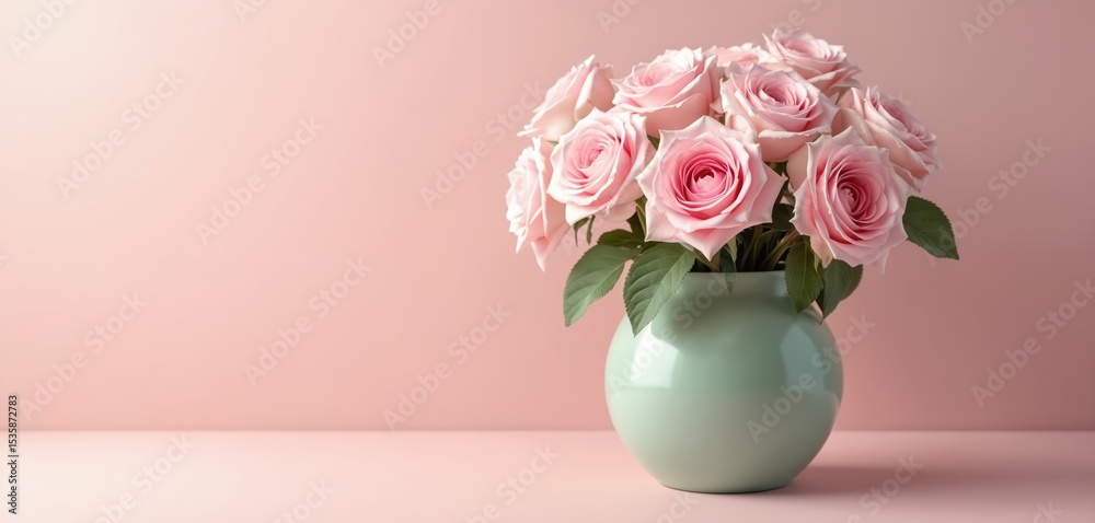 Fototapeta premium Delicate arrangement light pink roses in green vase, soft pink surface, creating romantic ambiance. Floral display perfect for celebrations weddings mothers day or valentines day decor.