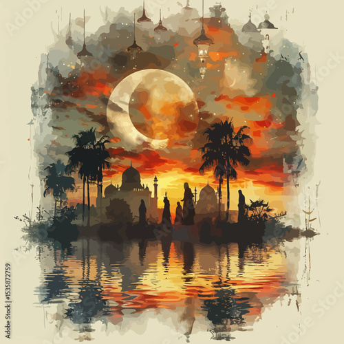 double exposure hari raya greeting card style muslims gathering