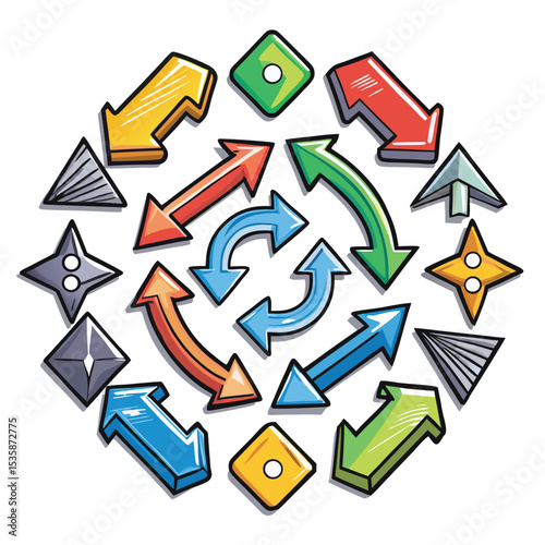 Colorful Arrow Icons Set Circular Arrangement Arrows Red Orange Yellow Green Blue Purple Directions Indicators Navigation
