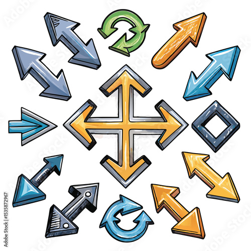 Hand Drawn Arrow Set Various Directions Colorful Arrows Blue Orange Yellow Green Gray Metallic Style