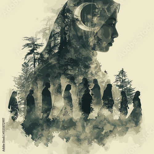 double exposure hari raya greeting card style muslims gathering